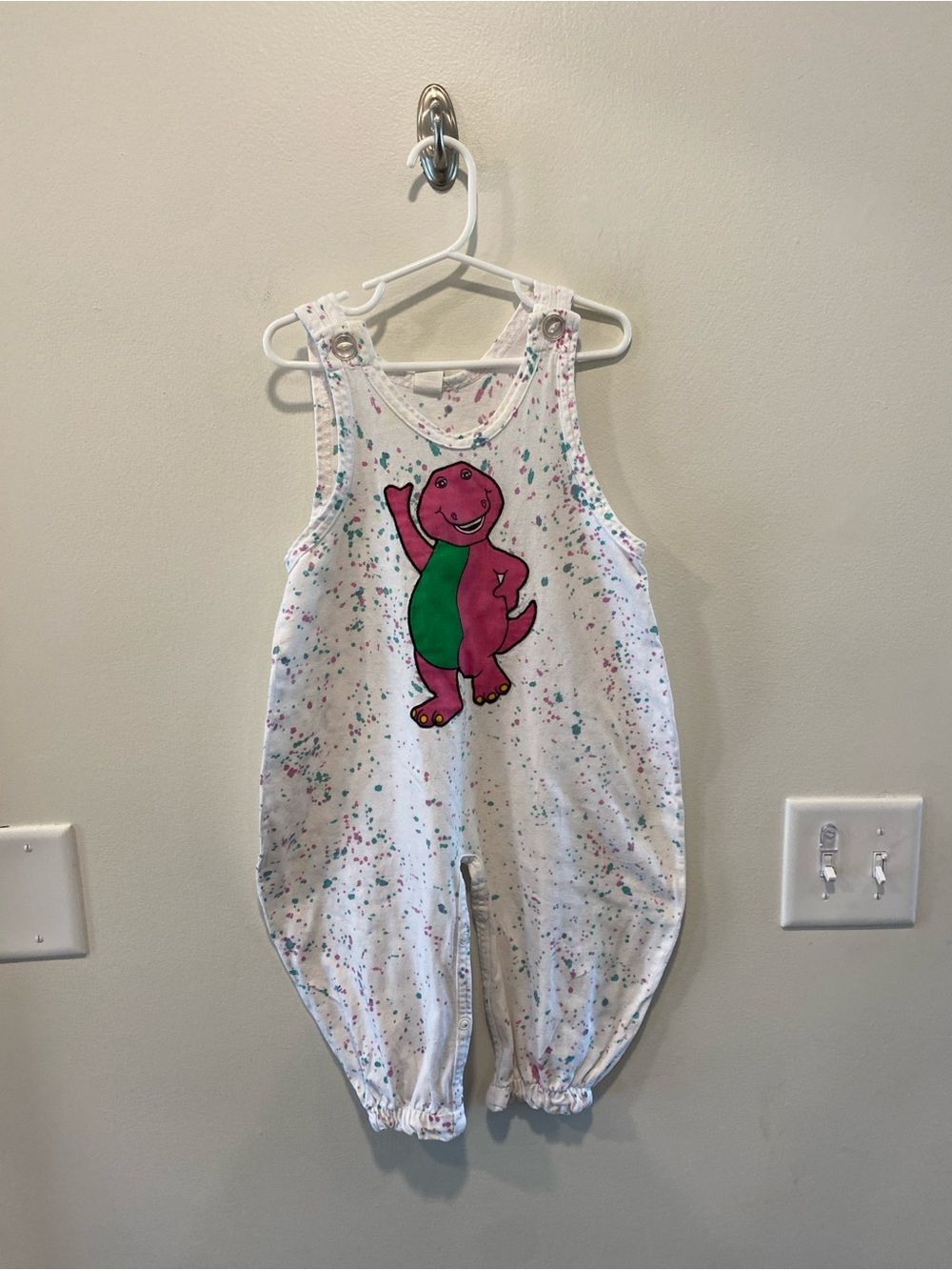 Vintage 90s Barney the Dinosaur Paint Splatter Romper overalls USA made 2t